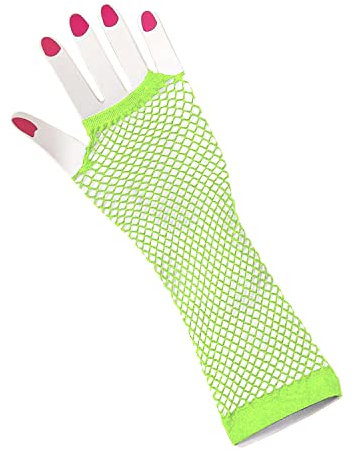 HD Novelty Lange Netzhandschuhe für Damen, fingerlose Netzhandschuhe, Netz-Mesh-Handschuhe im Stil der 80er, Handschuhe für 80er-Jahre-Kostüme, Kostümzubehör, Partyzubehör, Einheitsgröße, Neongrün