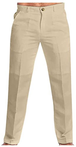 DGZTWLL Pantalon chino en lin blanc pour homme - Taille extensible - Coupe droite - Jambe large - Avant plat, beige, XX-Large