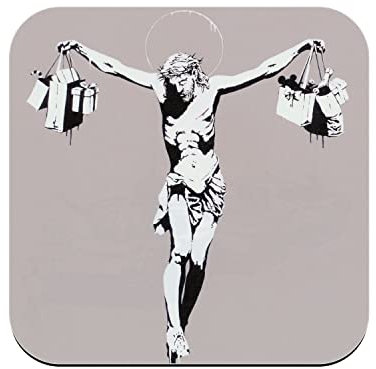 Untersetzer aus Kork – Banksy Jesus Christus Kreuz Einkaufstaschen Street Art – 1 Stück (95 x 95 mm)
