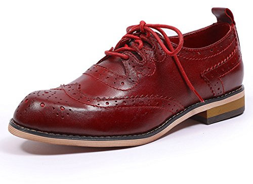 Mona flying Damen Handgefertigt Leder Lace Up Oxfords Wingtip Perforierte Brogues Büro Schuhe,Rot,40.5 EU