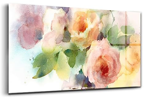Wallfluent 100x50 cm Malerei an der Wand Zwei Anhänger Modern Fotografie Glasbild - Rosen in einer Aquarellvase