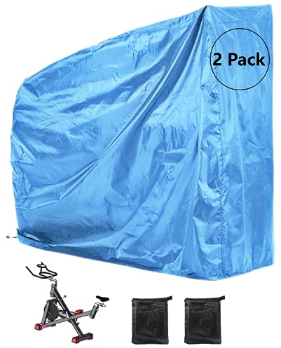 AkiiGer Heimtrainer-Abdeckung, wasserdicht, staubdicht, winddicht, drehbar, stationäre Fahrradabdeckung mit Kordelzug, Aufbewahrungstasche, Ripstop-Material, Blau, 2 Stück