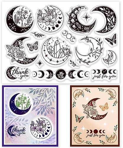 GLOBLELAND Böhmische Luna Phasen Mit Pflanzen Transparente Klare Stempel Magische Blumen Prägestempelbögen Silikon Klare Stempel Siegel Für DIY Scrapbooking Und Kartenherstellung Papier