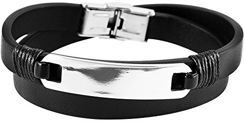 Brillibrum Design ID Schmuck Armband Echtleder Wickelarmband mit Edelstahl Platte Lederarmband schwarz Wickelband Armschmuck (Ohne Gravur, Wickelarmband Modell 1)