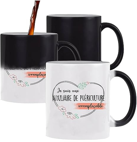 Planetee Tasse Magique Auxiliaire de Puériculture femme Irremplaçable | Mug qui change de couleur avec la chaleur Idée Cadeau Travail Boulot Métier Départ Retraite Collègue