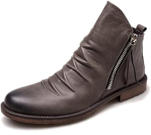 Stivali Medi da Uomo Stivaletti con Cerniera Laterale Scarpe Eleganti Formali con Tacco in Pelle Scarpe Classiche,Grigio,43 EU