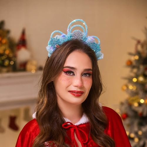 IYOU Serre tete Noel Bandeau Flocon Neige Led Cerceau Lumineux Bleu Accessoires de cheveux de Costume Noël pour Femmes