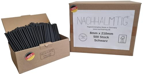 NACHHALMTIG Strohhalme Papier schwarz 500 Stück 8mm x 200mm Made in Germany. Hitzebeständig bis 70°C, ideal für Latte Macchiato, Aperol, Cocktails, Longdrinks, Milkshakes und Smoothies.