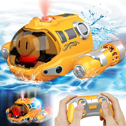 Ferngesteuertes Boot für Kinder RC Boot 2,4 GHz Pool Spielzeug Kinder mit Sprüh-/ Lichtfunktion/ Doppel -Propellern, Wasserspielzeug für Pools Lakes Jungen Mädchen Spielzeug im Freien Geschenke (Gelb)
