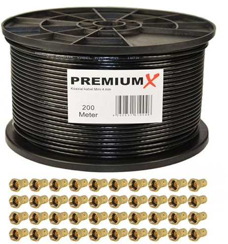 Premium X 200m Sat Koaxial Mini Kabel 90dB 2-Fach geschirmt 4mm Dünnes Antennenkabel FullHD HDTV 3D Schwarz 40x F-Stecker
