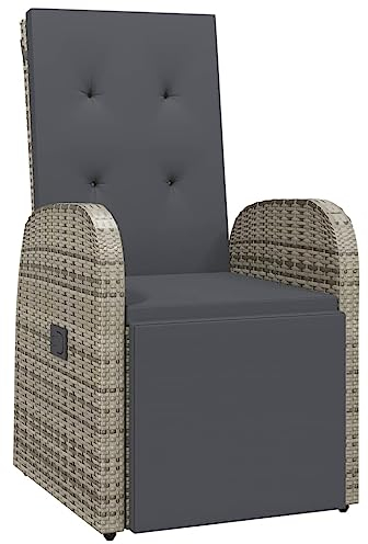 vidaXL Gartenstuhl, Gartensessel mit Liegefunktion Kissen, Stuhl Sessel Verstellbar Stahlrahmen, Gartenmöbel Relaxsessel, Grau Poly Rattan