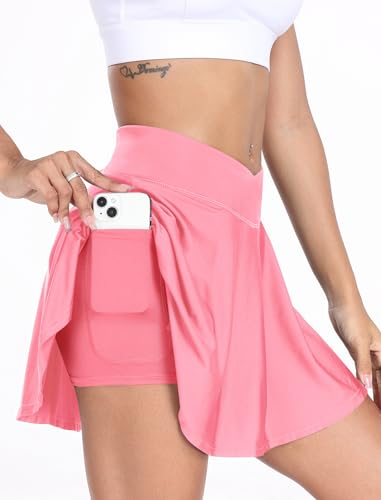 Tennis Rock Damen Sport Golf Skort mit Tasche & Innenhose Minirock Laufrock dehnbar V Bund Hohe Taille Rock Rosa L