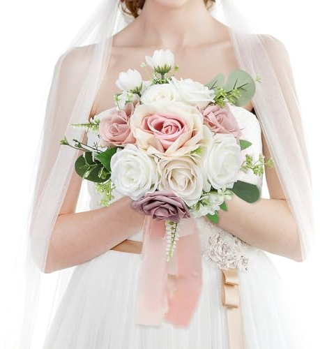 HOMENERGY Hochzeitssträuße für Braut – Künstliche Brautsträuße vorgefertigte Rosen Blumensträuße für Vintage-Hochzeit oder Tafelaufsätze Dekoration – Altrosa & Weiß