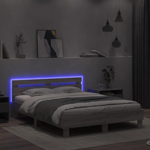 Faroom Holzbett Futonbett Bett 140x200 cm mit LED-Beleuchtung,Lattenrost & Kopfteil, Bettrahmen Holzwerkstoff Einzelbett Doppelbett Bettgestell Grau Sonoma