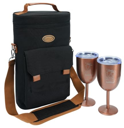 MELOTOUGH Refroidisseur de vin isotherme pour 2 bouteilles avec 2 verres en acier inoxydable, sac fourre-tout portable, cadeau pour les amateurs de vin, noir