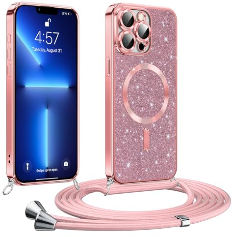 Phoona handyband Hülle für iPhone 13 Pro mit Band, Glitzer Handyhülle Kompatibel mit MagSafe, Ganzkörperschutz Kratzfeste Stossfest Schutzhülle mit Einstellbar Kette, Rosa