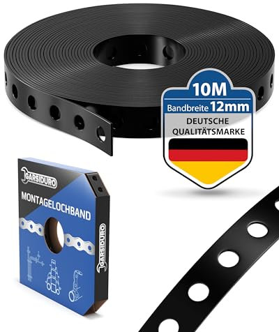 GARSIDURO® Montagelochband kunststoffummantelt [12mm x 10m] | Profi Lochband Metall schwarz zur Befestigung von Kabeln, Leitungen und Rohren | Flexibles Montageband Stahl Kunststoff Nagelband
