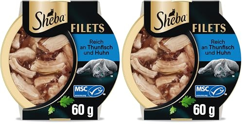 SHEBA Schale Nassfutter für Katzen Filets Huhn mit nachhaltigem Thunfisch 16 x 60g (Packung mit 2)