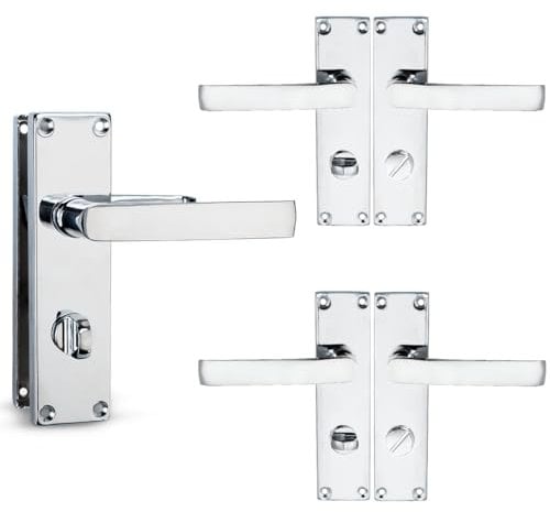 Bwintech 3 Pairs Lever Latch Flat Polished Chrome Door Handles,Classic Victorian Straight Design,with Bathroom knob,Ideal for All Types of Wooden Door,Internal Doors Bathroom