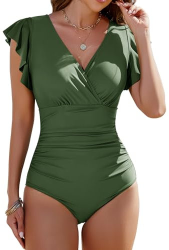 Yuson Girl Damen Badeanzug Rüschen V Ausschnitt Bauchweg Einteilige Push Up Schwimmanzug Monokinis Bademode Shape Badeanzug mit Bügel High Waist Swimsuits for Women(Grün, XL)