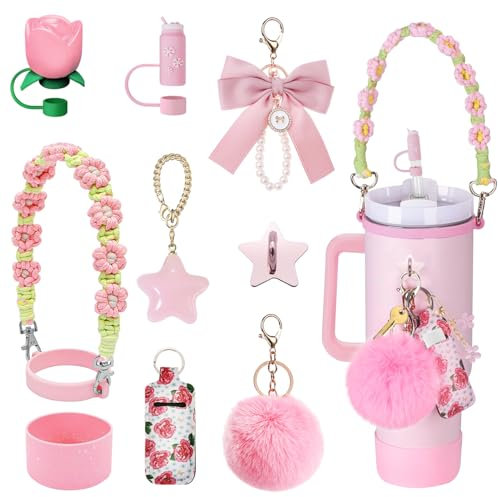 10pcs Pink Accessories Set for Stanley Cup, Water Bottle Decor Compatible with Stanley Cup, Includes Silicone Boot, Woven Handle Strap, Straw Cover, Stanley Charms for Stanley Cup 30/40oz Tumbler