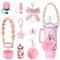 10pcs Pink Accessories Set for Stanley Cup, Water Bottle Decor Compatible with Stanley Cup, Includes Silicone Boot, Woven Handle Strap, Straw Cover, Stanley Charms for Stanley Cup 30/40oz Tumbler