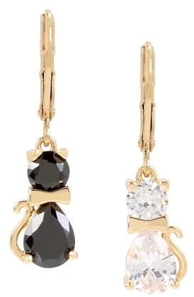 Betsey Johnson Mismatched Katzen-Ohrringe für Damen | Ohrhänger, Verspielter & Einzigartiger Schmuck, Vergoldet, Schwarz & Kristall-Zirkonia