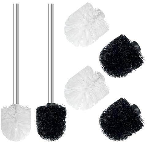2 Pcs Cepillo Inodoro de Acero Inoxidable con 4 Escobillas Baño Repuesto | Escobillas de Baño para Baño y WC, Diseño Ergonomico, Fácil de Limpiar, Elegante y Durable (Blanco Negro)