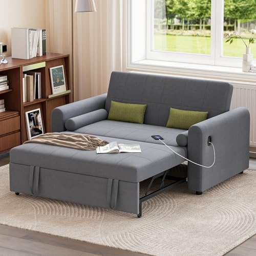 Luxstein 2 Seater Sofa Bed, 3-in-1 Convertible Sleeper Sofa Couch with Adjustable Backrest, USB Port and Side Pockets, Pull Out Sofa Beds for Living Room Guest Room Office, Grey