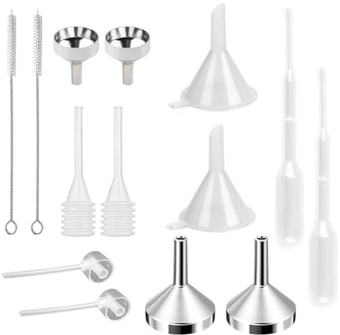 YAYNO 14 Piezas Mini Funnel Set Embudo de Cocina Mini Embudo de Aluminio Metal Gotero de Plástico Dispensador para Botella de Aceite Esencial, Llenado de Botella Pequeña, Cosméticos, Arena
