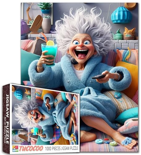 1000 Piece Jigsaw Puzzle, Entspannende Freizeitszene mit Blauer Robe, Gemütliche Heimdeko Ältere Frauen DIY Puzzles für herausfordernde Familienaktivitätsspiele Ältere Dame Kunst