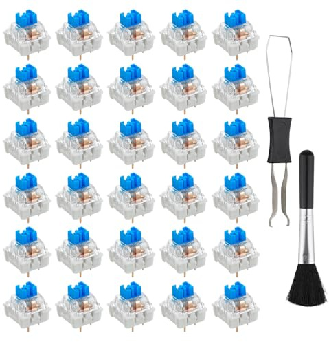 32Pcs Transparent Blue Clicky Switches with Keycap Puller – MX Compatible 3-Pin Mechanical Keyboard Switches for RGB Backlight, Gaming & Typing