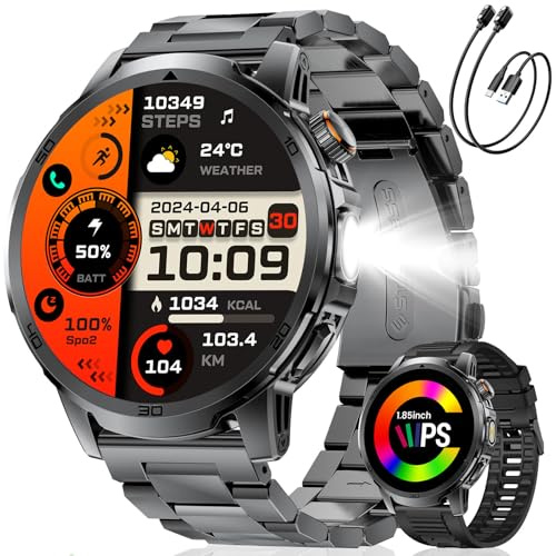 CHOOSETIME Smartwatch Herren mit Anrufe, 1000mAh Akku/LED Taschenlampe, 1,85'' HD Großer Display Fitnessuhr, 100+ Sportmodis, IP68 Wasserdicht, Herzfrequenz, Schlafmonitor für Android iOS