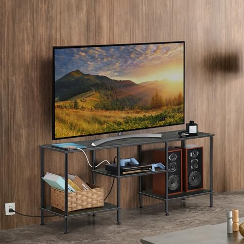 OYEAL Bedroom TV Stand with Power Outlets up to 50 inch TV, Small Entertainment Center Stand with Storage Modern Media TV Console Table for Living Room Bedroom, Dark Grey