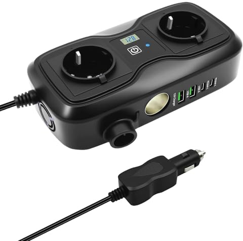 Convertisseur Convertisseur D'adaptateur D'inverseur Puissance Voiture D'affichage Crête 12V À 220V 200W avec 3.6A Double USB Type-c UE(EU Plug Black)