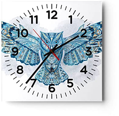 Modern Wanduhr Eule Flügel Tierwelt Grafik 30x30cm Quadrat Klein Wand Uhr Glas Analog Zimmeruhren Küche Büro Wohnzimmer Glasuhr Wall Clock Dekoration Design Wanddekoration Küchenuhr C4AC30x30-3087