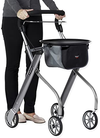 Stander Let’s Go Indoor Rollator, Lightweight Four Wheel Euro Style Walker with Tray, Folding Mobility Aid for Seniors by Trust Care, Silver