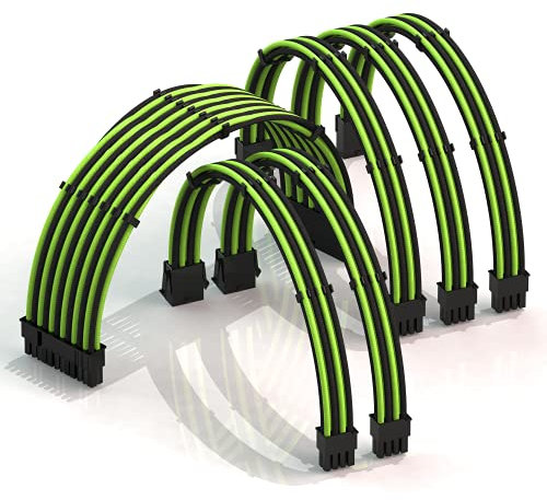 LINKUP - AVA 50cm PSU Kabelverlängerung Ummantelt GPU Nach Maß PC Stromversorgung mit Kamm-Kit - Kompatibel mit RTX3090 | 1x 24 P (20+4) | 2X 8 P (4+4) CPU | 3X 8 P (6+2) GPU Set | 500mm Grün Schwarz