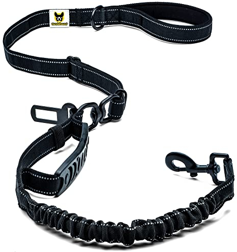 Hundefreund Auto Hundeleine mit Hundegurt 115-155 cm - Verstellbare Leine mit Sicherheitsgurt für Hunde - Griffpolster, Reflektierend mit Ruckdämpfer – Autoleine Schwarz für alle Hunderassen und Autos