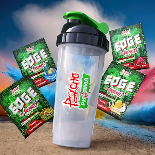 Psycho Pharma Deluxe Shaker, 236ml (28 oz) and 4 FREE Sample Servings of Edge of Insanity Pre Workout Variety Packs