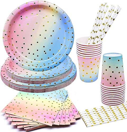 Partygeschirr Kindergeburtstag, 80 Stück Regenbogen Partygeschirr Set, Pappteller Geburtstag Tassen Servietten Strohhalme für 20 Gäste, Regenbogen Deko Kindergeburtstag für Hochzeit Party Weihnachten