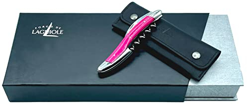 Forge de Laguiole Geschenkset, handgefertigtes Sommelier Messer Kellnermesser in Rose/Pink | glänzend | + weiches Lederetui + Poliertuch