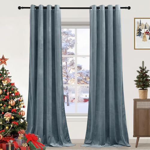 PONY DANCE Blue Ash Velvet Curtains - 1 Pair of Luxury Curtains & Drapes Elegant Home Decor Window Treatment for Nursery Room/Girls Bedroom, Thermal Blackout Curtains 52x84