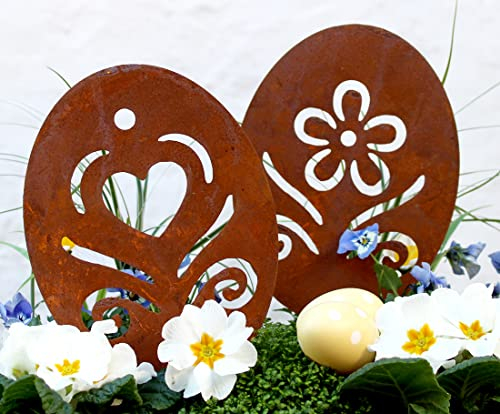 LB H&F Osterdeko Deko Ostern Garten Metall Rost Gartendeko Ostern Frühling Stecker (2er Osterei Herz + Blume)