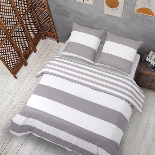 Vency Bettwäsche 240x220 3-Teilig Grau & Weiß - Oeko-TEX 80% Baumwolle & 20% Polyester, 1x Bettbezug Reißverschluss + 2X Kissenbezug 65x65 Umschlagverschluss, Still Modell