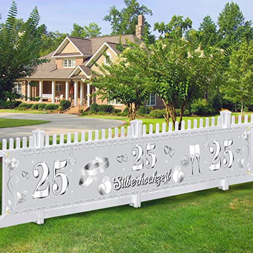 VICSOM 25. Jubiläum Banner, Silberhochzeit Deko, Silberpaar 25. Hochzeitstag Deko Silberhochzeit Dekoration für Innen Außen 25 Hochzeitstag Dekoration, Feier Jubiläum Party