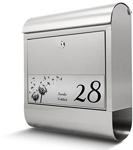 Banjado® Personalisierter Briefkasten Mit Graviertem Namensschild in Silber - Edelstahl 38x43x12cm - Mit Hausnummer, Namen & Motiv Pusteblume - Mit Zeitungsfach