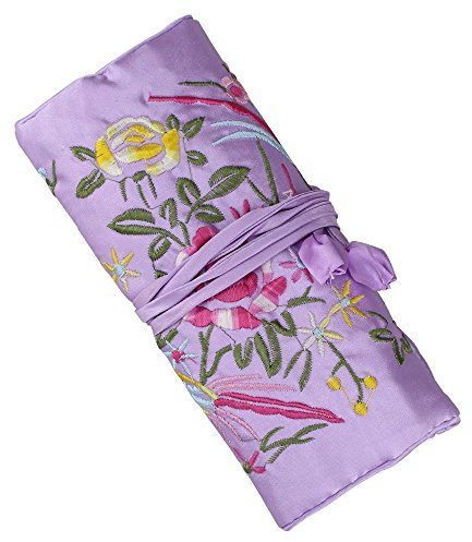 Lidwot Light Purple Multi-Use Silk Jewelry Organizer Roll – Vintage Embroidery Case for Travel/Daily/Events Foldable Zippered Pouch for Rings & Necklaces | Luxury Compact Gift.