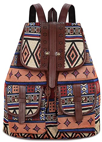Vintage Damen Boho Leinwand Schultasche Braun Geometrie Outdoor Reisen Rucksack Mode Kunstleder Schnalle Klappe mit Kordelzug für Schule Einkaufen Reise Arbeit
