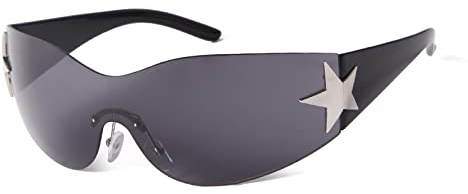 ADEWU Y2k Sonnenbrille mit Stern Damen Herren Randlose Wrap Around Rave Brille Mode Groß UV Schutz